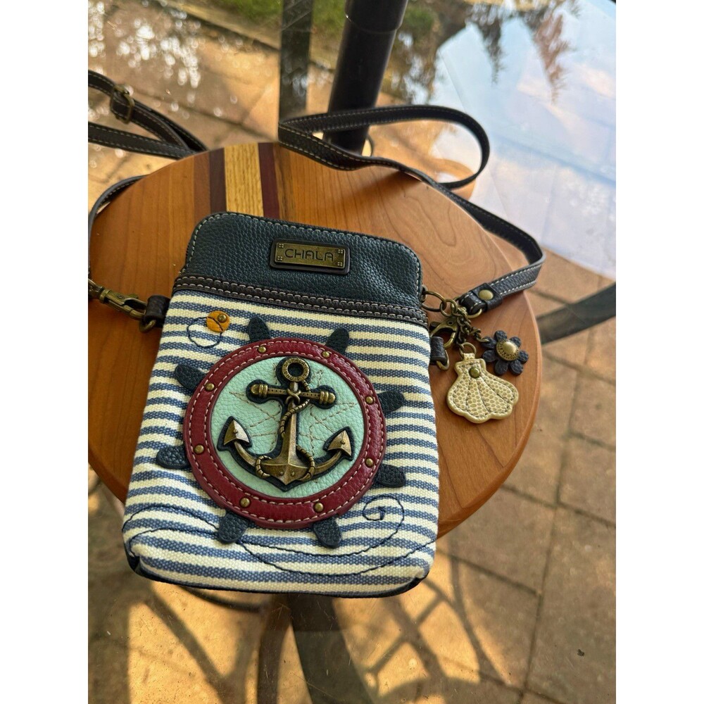 Chala Nautical Anchor Blue White Striped Small Crossbody Bag Zip Shell Charm